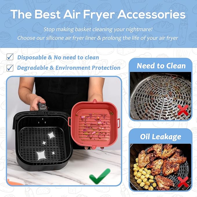 [2 Pack] Silicone Air Fryer Liners Square - Reusable Airfryer Basket - Easy to Clean Air Fryers Pot for 5.8 to 8 Qt Large Air Fryer Baking Tray Oven Accessories, 8.5 Inch