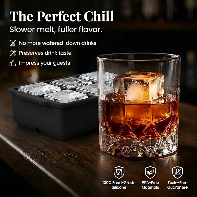 KitchFort Large Silicone Ice Cube Tray (2-Pack), Easy Release 2" Big Ice Cubes - Cocktail, Whiskey Ice Cubes Mold - Ice Trays for Freezer with Lid - Stackable Silicone Ice Tray - Black