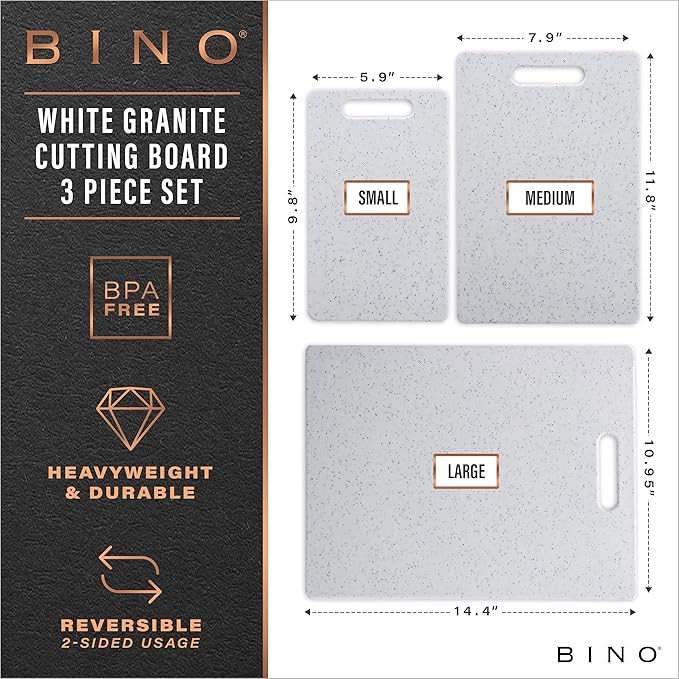 BINO Cutting Board - 3-Piece Chopping Boards | BPA-Free Plastic, Durable, Multipurpose, Dual-Sided, Dishwasher Safe, Easy to Clean | Charcuterie Accessories | Home & Kitchen Utensils White Granite