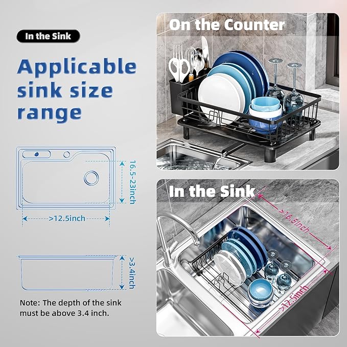 GAOKASE Dish Drying Rack, Stainless Steel-Dish Rack, Dish Racks for Kitchen Counter, Kitchen Dish Drainers with Removable Utensil Holder,New Drain Outlet,Plate Rack and Drainboard,Black