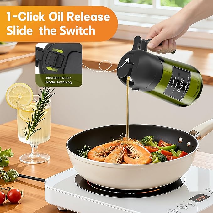 OURCABECUE Upgraded Made Oil Sprayer for Cooking 2 Set, 2 in 1 Spray and Pour Olive Oil Dispenser 16oz 470ml Dark Green Oil Spray Bottle, Mist Olive Oil Dispensing with Scale & 8 Labels