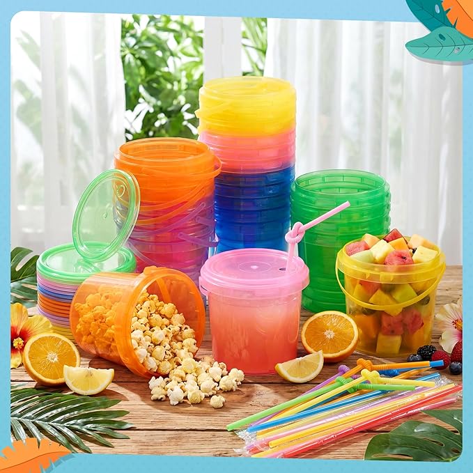 Funnymoom 60 Pack 25 oz Plastic Rum Buckets Bulks for Drinks with Straws Reusable Ice Cream Cocktail Cups Neon Party Bucket with Lids Handles Food Containers Cup for Summer Beach Bar Beer