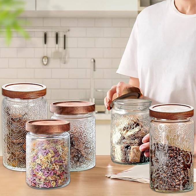 Vintage Glass Jars with Wooden Lids, 24 oz Airtight Glass Food Storage Containers Sets for the Kitchen, Sugar Coffee Tea Cookie Candy Spice Pasta