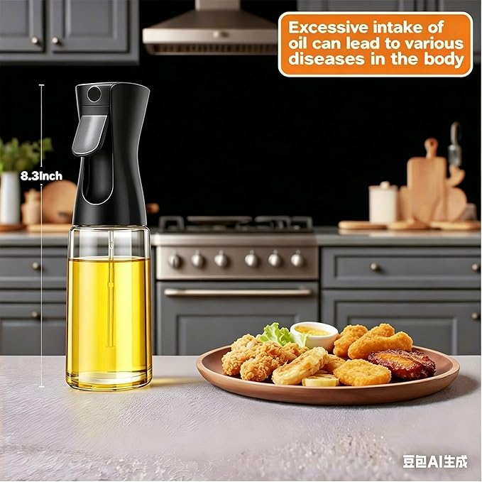Olive Oil Sprayer for Cooking, 220ml Glass Oil Dispenser for Kitchen Gadgets, Food Grade Premium Spray Bottle, Continuous Spray with Portion Control, for Salad, Frying, BBQ (Black Cap)