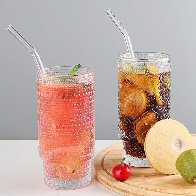 16oz Glass Cups with Lids and Straws, 2 Pack Vintage Drinking Glasses Tumblers Begonia Flower Iced Coffee Cups for Kitchen, Home, Office, Gifts