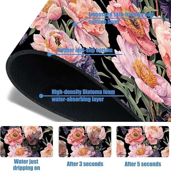 Sink Splash Guard Faucet Mat Peony and Iris Flowers Absorbent Fast Drying Mat Sink Gadgets Splash Guard Behind Faucet Drip Catcher for Kitchen Bathroom 23.5"X5.5"
