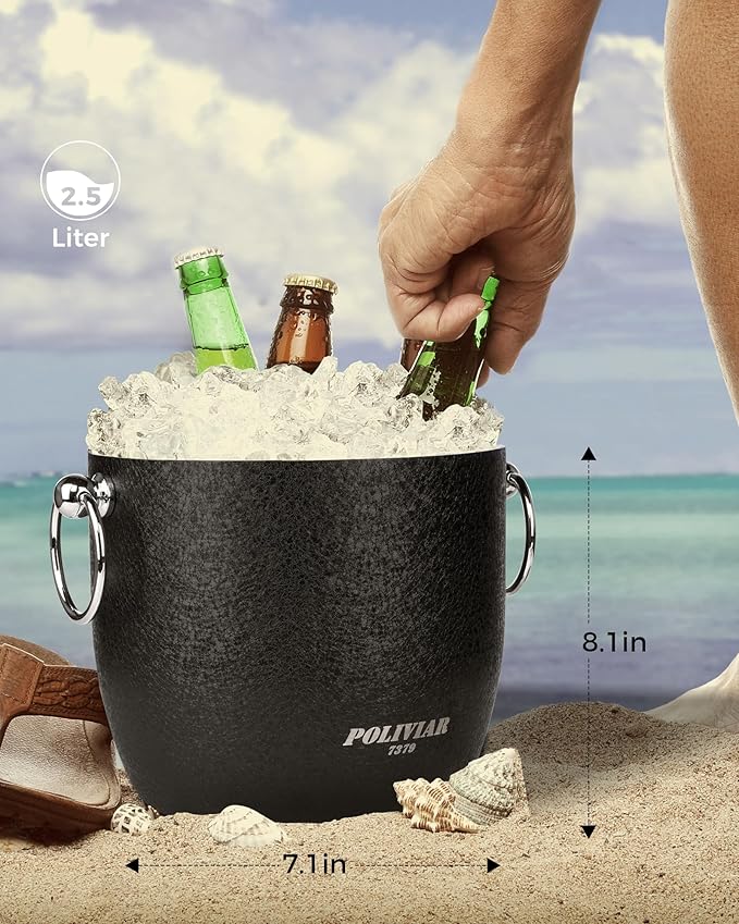 POLIVIAR Ice Bucket, 2.5L Double Wall Ice Bucket with Lid, Stainless Steel Ice Bucket with Tong & Strainer, Ice Bucket for Cocktail Bar, Home & Parties, JX2023-IBLB