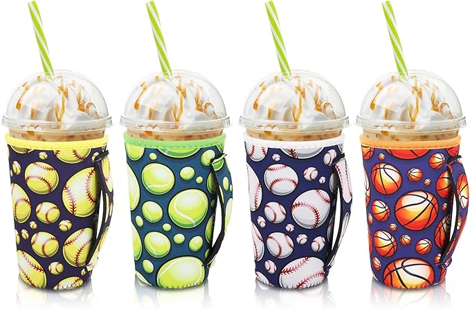 4Pack Reusable Iced Coffee Sleeve Insulator Sleeves for Cold Drinks Beverages, Neoprene Cup Holder for Most Coffee, Fits 22-24oz Medium Cups (Play Ball with Handle)