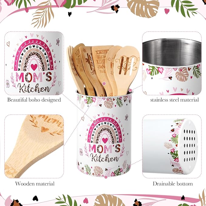Reallnaive 9 Pieces Christmas Mom Utensil Holder Gifts Wooden Cooking Spoons Greeting Card Gift Box Boho Stainless Steel Utensil Holder for Mom Birthday Kitchen Gadgets Presents
