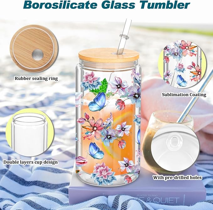8 Pack 16 Oz Sublimation Snow Globe Tumbler, Snow Globe Cups with Pre Drilled Hole, Double Wall Beer Can Glass Mason Jar Mug with Bamboo Lids and Straws for Snowglobe DIY