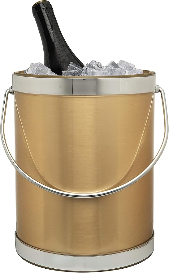Made In USA Metallic Deco Collection Double Walled Insulated Ice Bucket With Ice Tongs (5-Quart, Gold & Silver)