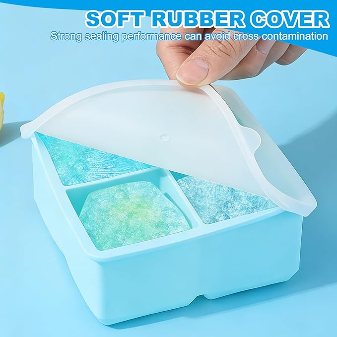 Large Silicone Ice Cube Tray 2Pack, Easy Release 2" Big Ice Cubes,Leak Proof Removable Lid Square Ice Cube Tray for Cocktail，Whiskey，Reusable Stackable Flexible Ice(Blue+Pink) (Blue)
