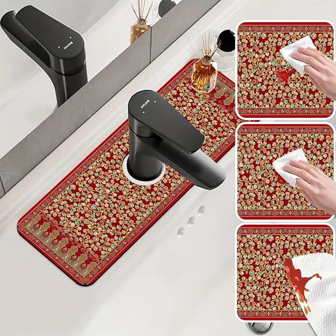 Sink Splash Guard Faucet Mat Red Retro Boho Flowers Absorbent Fast Drying Mat Sink Gadgets Splash Guard Behind Faucet Drip Catcher for Kitchen Bathroom 15.5"X5.5"