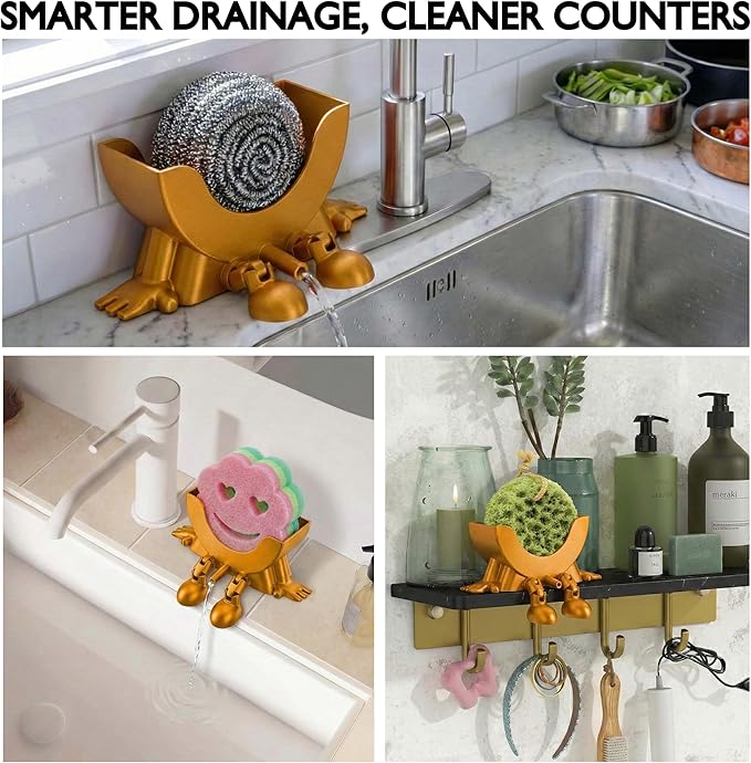 Cute Hanging Sponge Holder with Drainage & Legs, 3D Printed Funny Sink Stand for Round Sponges, Aesthetic Kitchen Sink Edge Organizer, Countertop Decor, Quick-Drying Storage Cleaning Gadget
