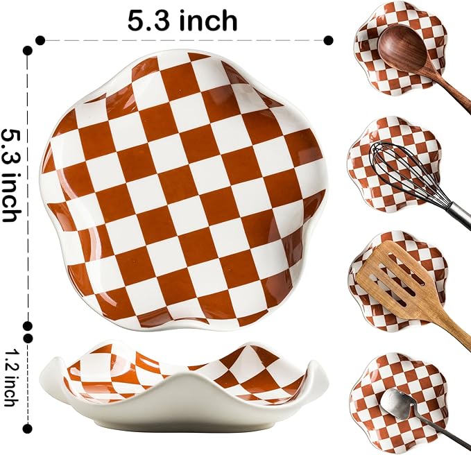 Miamolo Spoon Rest for Stove Top, Checkered Coffee Spoon Rest, Ceramic Spoon Holder for Kitchen Counter Cooking Utensil Rest - Heat Resistant & Dishwasher Safe, Modern Farmhouse Kitchen DéCor