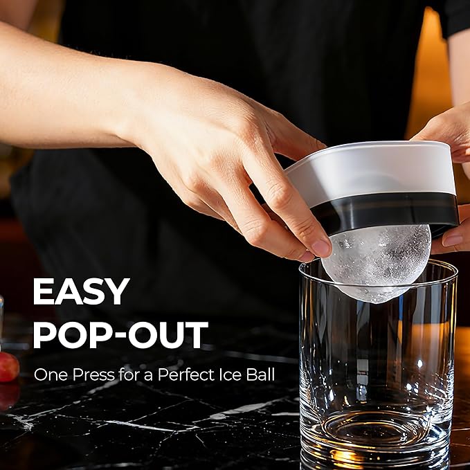 Easy Release Ice Ball Maker Mold, 4 Pack, 2.5 Inch Large Round Ice Cube Mold for Whiskey & Cocktails, Stackable Lid, Reinforced Leak-Resistant Silicone, BPA-Free