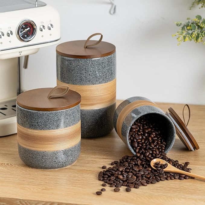 Miamolo Spice Jars with Airtight Lid, Coffee Container Canister Kitchen Food Storage Jars for Spice Sugar Tea Bag, Stackable Decorative Jars for Countertop, Grey & 37 fl.oz