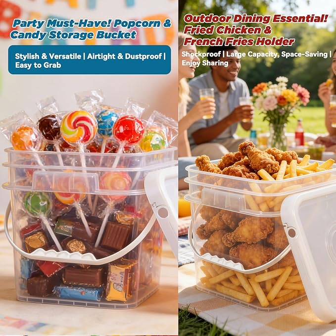 Food Storage Buckets with Lids - 4 Set Square Clear Plastic Containers, Airtight Pressure Seal & Handle for Kitchen Freezer Prep (Clear, 1.3 gal)