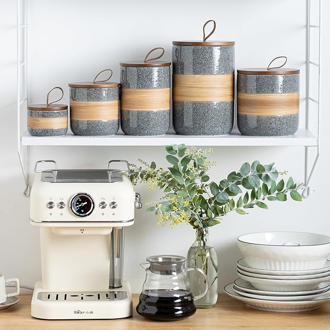 Miamolo Airtight Coffee Storage Container Jar with Lid, Ceramic Kitchen Food Storage Jars for Spice Sugar Cookie, Coffee Bean Stackable Decorative Jars for Housewarming, Grey & 28 fl.oz