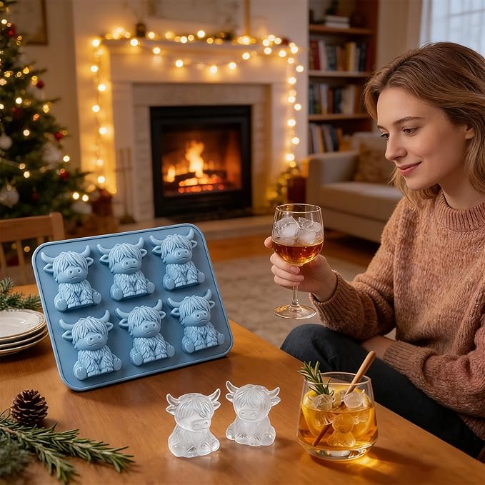 Mini Highland Cow Ice Cube Mold,Funny 3D Highland Cow Ice Cube Tray,Cute Animal Silicone Molds for Whiskey,Cocktails, Beer & Drinks, Novelty Cow Easter Molds Perfect Gifts for Friends(6-Cavity)