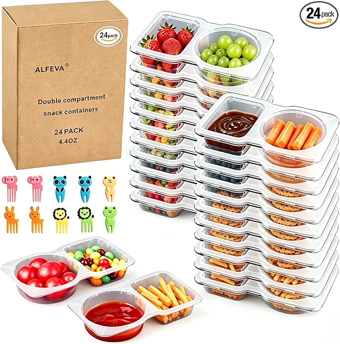 ALFEVA 24 Pcs Reusable Snack Containers with Lids Portion control, Meal Prep Containers for Kids adults On the Go Meals, 10 Forks, Lunchable Snack Pack Containers for Travel - Camping Essentials
