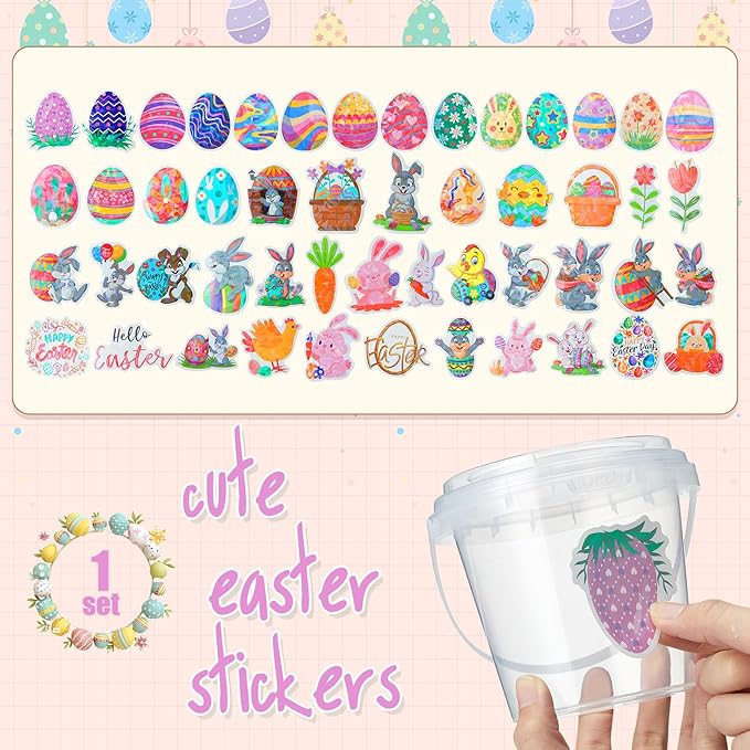 Funnymoom 30 Set Easter Clear Plastic Cups with Lids & Straws, 24oz Disposable Rum Buckets Cocktail Pails Bulk with Handles & Stickers Creative Egg Hunt Baskets Party Favors for Adults