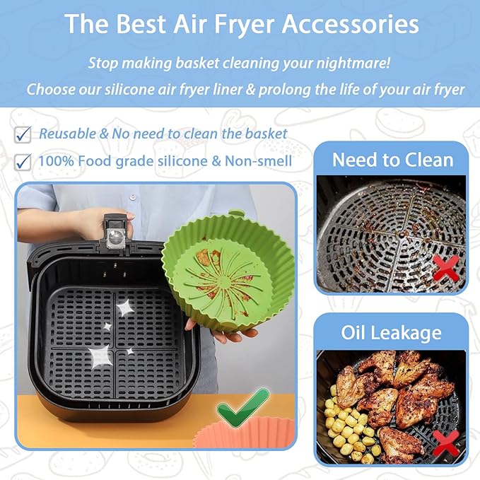 Air Fryer Silicone Liners - Reusable Non-stick AirFryer Silicone Pot Liner Compatible with COSORI Air Fryers Basket Accessories (X-Large, Green)