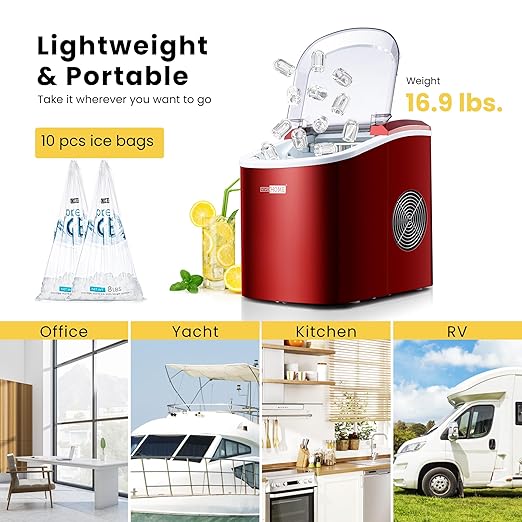 VIVOHOME Electric Portable Compact Countertop Automatic Ice Cube Maker Machine with Hand Scoop 10 Ice Bags and Self Cleaning Function 27lbs/Day Red