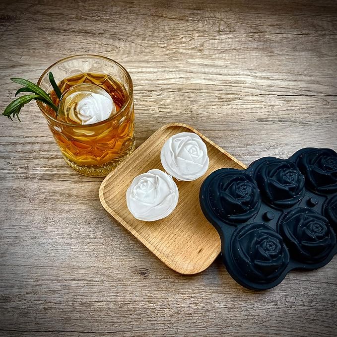 CAMKYDE Rose Ice Cube Tray 2 Inch [1 Mold + 1 Funnel + 6 Stoppers], 6 Cavity Silicone Rose Ice Cube Mold for Whiskey, Chilling Cocktails, Bourbon, Juice (Black)