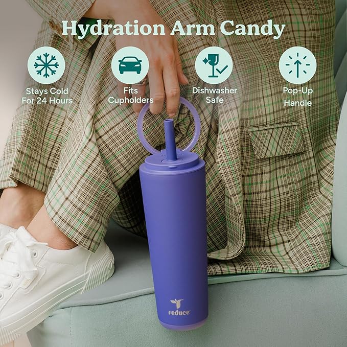 REDUCE Halo 24 oz Stainless Steel Vacuum Insulated Tumbler - Spill Proof Travel Mug with Flip Handle Lid - Keeps Drinks Cold for 32 Hrs - Dishwasher Safe - Cupholder Friendly - Matcha
