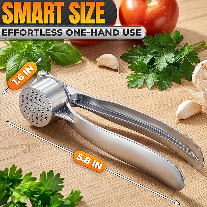 Metal Garlic Press - Ginger Mincer with 37 Built-In Studs for Maximum Extraction, Garlic Crusher for Ginger and Soft Nuts, Rust-Resistant, Ergonomic Handle, No Peel Needed, Dishwasher Safe, Silver