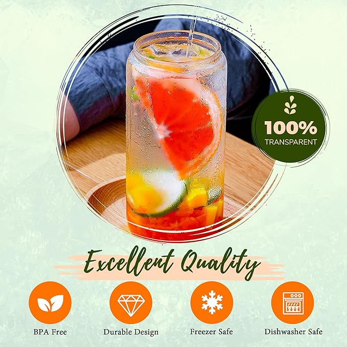 Joyclub 20 oz Glass Cups with Acrylic Lids and Straws 8pcs Can Shaped Glass Iced Coffee Cups with Lids, Drinking Jar Glasses Cute Tumbler Cup Great for Smoothie Soda Boba Tea Cocktail Beer Gift