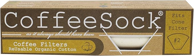 CoffeeSock ’The Original’ Reusable 100% Organic Cotton Coffee Filters - 2 pk Cone #2 Filters | Coffee Sock Cloth Drip 2 Coffee Filter | Organic Cotton Alternative - Zero-Waste & Eco-Friendly - C2