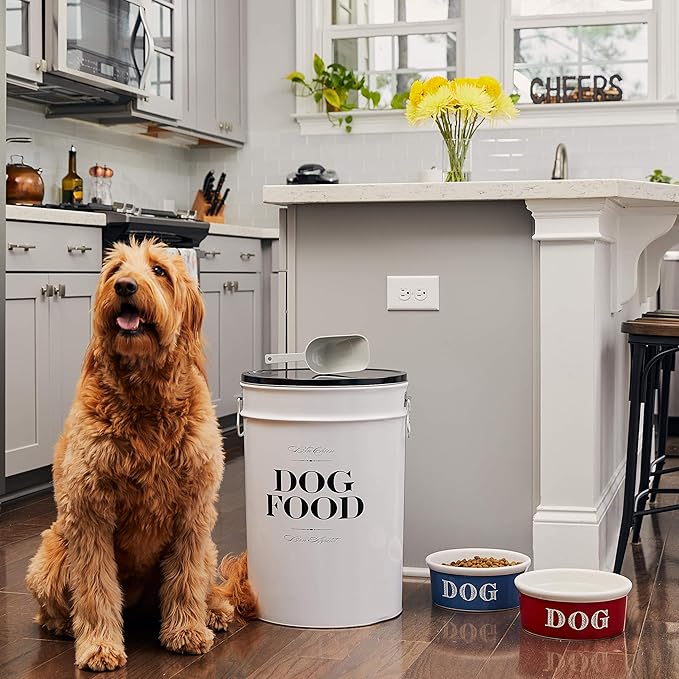 Harry Barker Bon Chien Dog Food Storage Canister – Medium 6.5 gallons, Airtight Stainless Steel Pet Food Container, Stylish Kitchen Counter Dog Kibble Storage with Easy-Open Lid - White