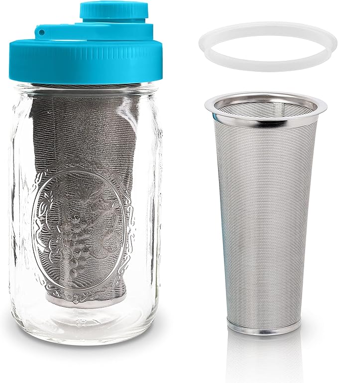 Brewing America Mason Jar Cold Brew Coffee Maker Infuser: Made in USA Wide Mouth Mason Jar Lid with Azure Canning Jar, and Stainless Steel Filter for Delicious Coffee, Tea - 1 Quart 32 oz Teal Lid