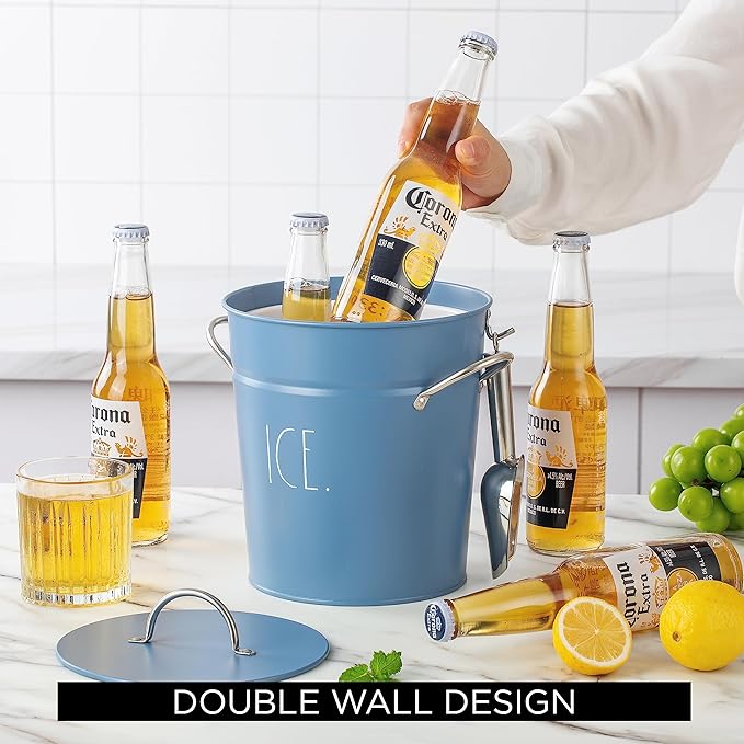 Rae Dunn Ice Bucket with Scoop - Stainless Steel Bucket with Handle, Lid and Ice Scooper - 4 Qt. Storage Bin for Ice Cubes for Bars, Parties, Backyard Barbeques, Picnics, and Camping (Blue)