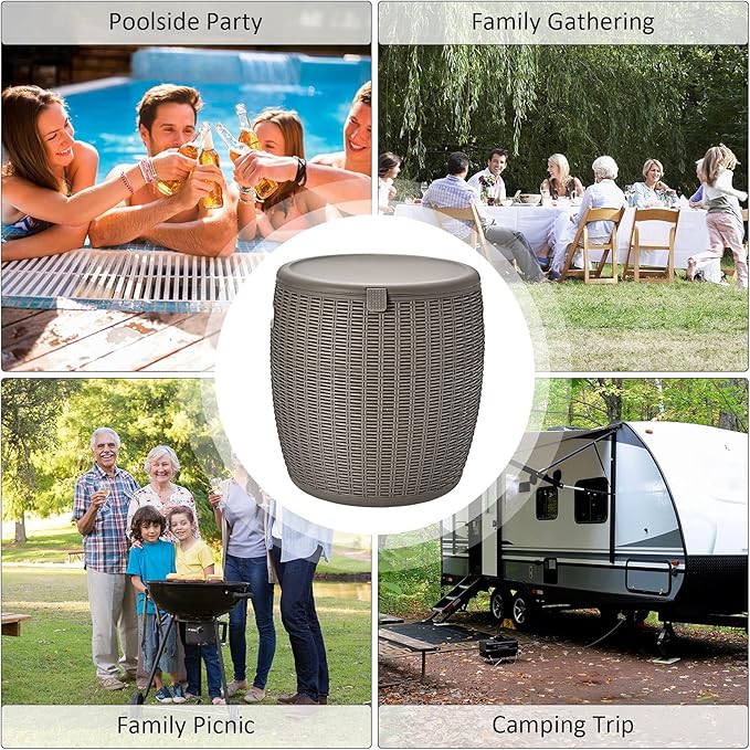 Giantex 9.5 Gallon Ice Cooler, Wicker Round Ice Chest, Outdoor Beer Wine Ice Bucket, Top Lid Side Handles Drainage Plug, Weather-resistant Patio Cool Bar Table for Cocktail Party Poolside Deck