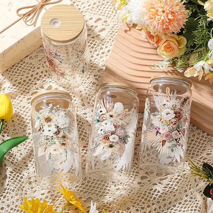 Mumufy 4 Pack Bridesmaid Gift Glass Cups, Cute Flower Mason Jars with Bamboo Lids & Straws, 16oz Iced Coffee Tumblers for Wedding, Bridal Party, Birthday, Mother's Day(Brown Spring)