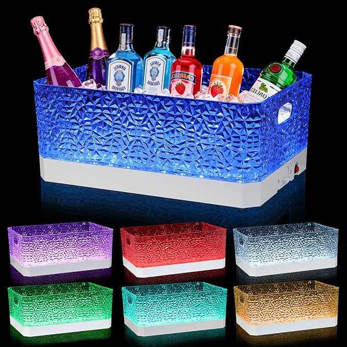 15L LED Ice Bucket for Parties, Rechargeable 7-Color Changing Light Up Beverage Tub, Clear Acrylic Wine & Champagne Drink Cooler, Leakproof Party Tub for Home Bar & Outdoor Entertaining