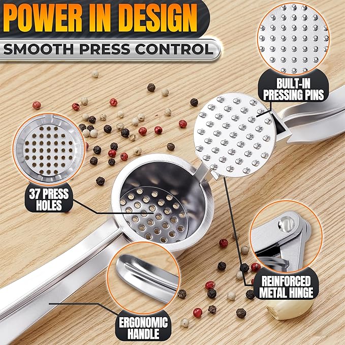 Metal Garlic Press - Ginger Mincer with 37 Built-In Studs for Maximum Extraction, Garlic Crusher for Ginger and Soft Nuts, Rust-Resistant, Ergonomic Handle, No Peel Needed, Dishwasher Safe, Silver