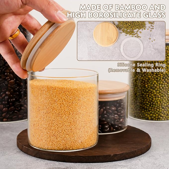 2PCS Glass Storage Jars with Airtight Lids,44 fl oz (1300ml) Cute Clear Storage container with bamboo Lid,Glass Pantry Canister for Beans, Rice,Sugar,Cookie Coffee (N-Clear-2PCS-44FL OZ/1300ML)