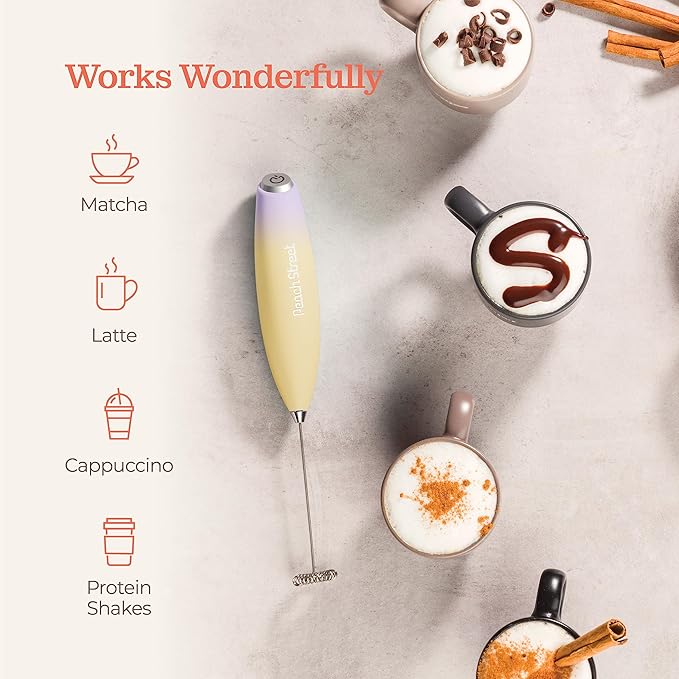 Powerful Handheld Milk Frother, Mini Milk Foamer, Battery Operated (Not included) Stainless Steel Drink Mixer with Frother Stand (Lavender Banana)