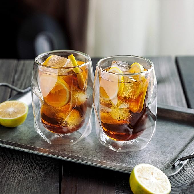 BTaT- Double Walled Glasses, 4 Pack, 12 oz (350 ml), Insulated Diamond Shaped Glass Cups, Double Wall Drinking Glasses for Iced Tea, Juices, Water, Cocktails, Hot and Cold Beverages