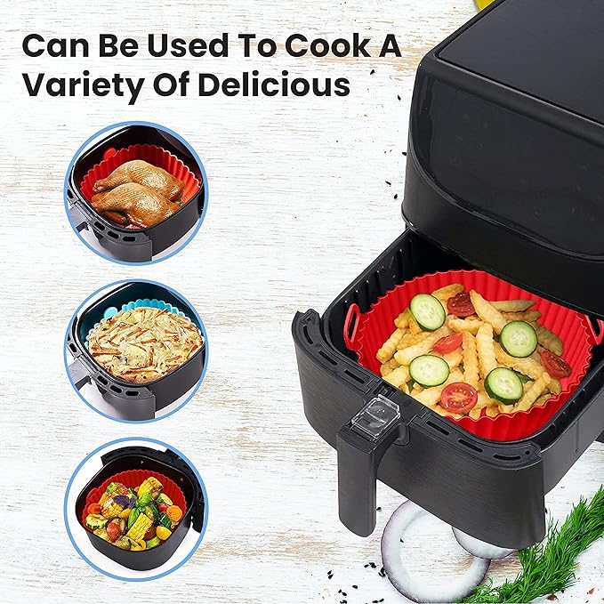 Air Fryer Silicone Liners Pot for 3 to 5 QT, 2 Pack 8.1-inch, Replacement of Flammable Parchment Paper Liners, Food Grade Reusable Baking Tray, Non-Stick, Heat-proof Gloves, Red+Blue (Nola Hut)