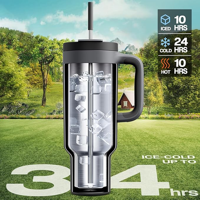 POWCAN 50 oz Tumbler with Handle, 2-in-1 Straw and Sip Lid, Leakproof, Dishwasher Safe, Insulated Stainless Steel Travel Coffee Mug, Keeps Cold for 34 Hours, Fits in Car Cup Holder (Midnight)