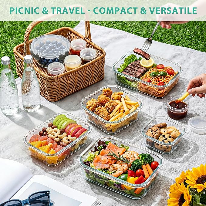 34pcs Glass Food Storage Containers with Lids Set, Airtight Glass Meal Prep Containers (17 Containers & 17 Lids), Leak Proof Lunch Container BPA-Free, Microwave, Oven, Freezer, Dishwasher Safe-Grey