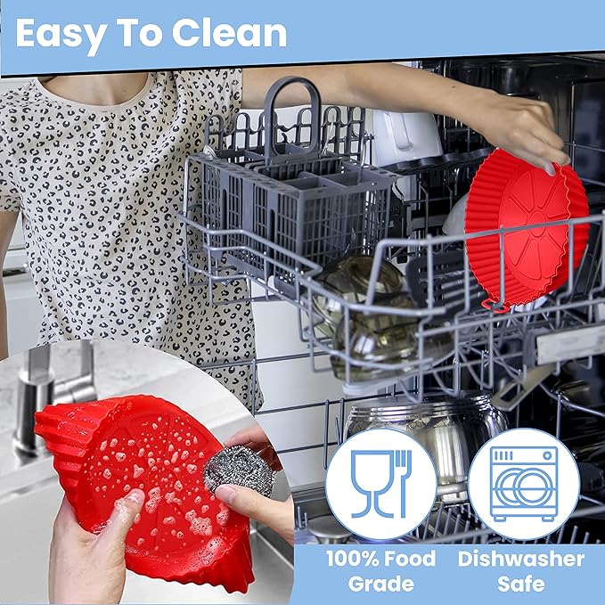 Air Fryer Silicone Liners Pot for 3 to 5 QT, 2 Pack 8.1-inch, Replacement of Flammable Parchment Paper Liners, Food Grade Reusable Baking Tray, Non-Stick, Heat-proof Gloves, Red+Blue (Nola Hut)
