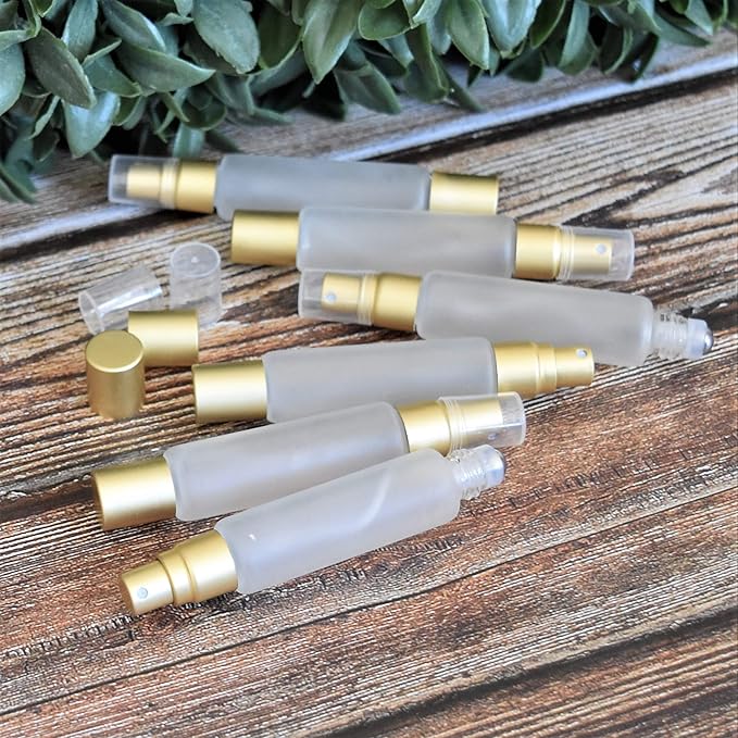 6-Pack Frosted Clear Glass Bottles with Dual Ends – Sprayer & Roller Tops – Leakproof, Quality Essential Oil & Perfume Bottles with Elegant Gold Accents – Refillable Custom Blend Containers