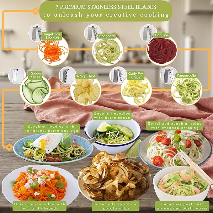 Brieftons 7-Blade Vegetable Spiralizer: Zucchini Spiral Slicer & Veggie Noodle Maker, Japanese Steel Blades, Catch Container, Strong Suction Cup, Blade Caddy, 4 eBooks | Low Carb, Vegan, Gluten-Free