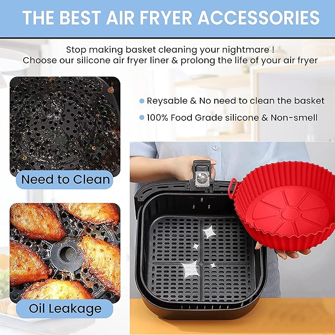 Air Fryer Silicone Liners Pot for 3 to 5 QT, 2 Pack 8.1-inch, Replacement of Flammable Parchment Paper Liners, Food Grade Reusable Baking Tray, Non-Stick, Heat-proof Gloves, Red+Blue (Nola Hut)